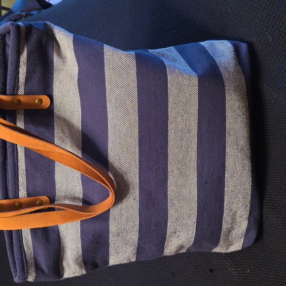 The Royal Standard Handbags - Navy & Cream Striped Canvas Tote with Tan Leather Handles